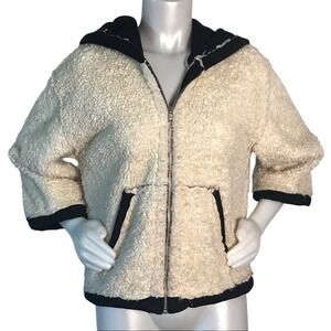 Anthropologie Cream Sherpa Zip-Up Jacket with Black Trim